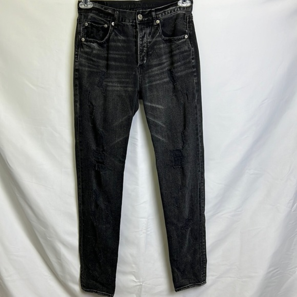 American Eagle Distressed Button Fly Black Jeans Womens Size 2 X-Long‎